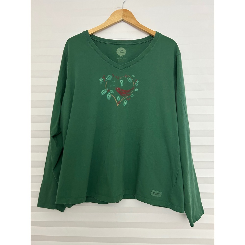 Life is Good Womens Crusher Tee Green Cardinal Heart V-Neck Long Sleeve XXXL